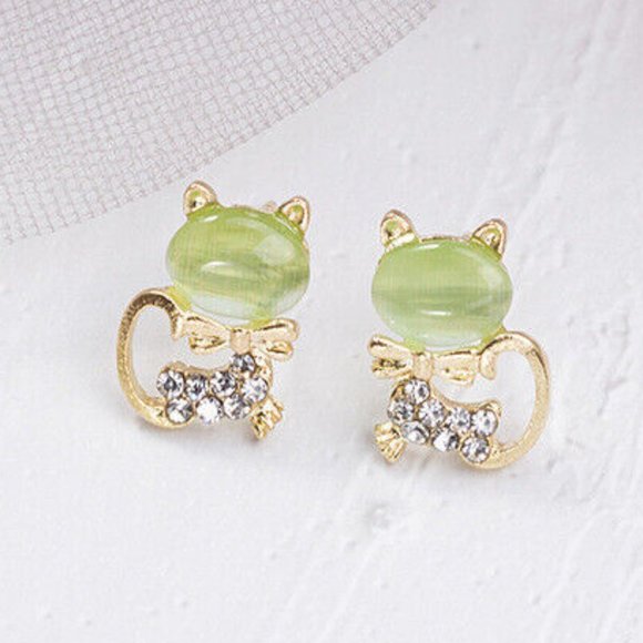 Gold Plated Green Opal Diamond Crystal Cat Stud Earrings 1.41ctw Party Gift - Picture 1 of 6